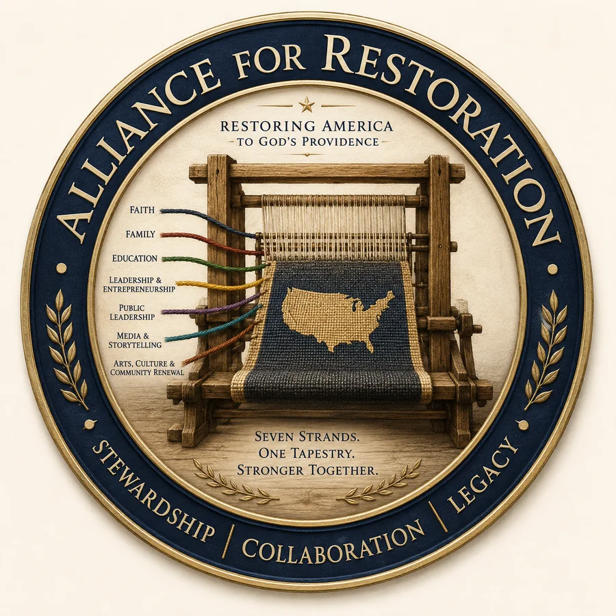 The Deltox loom seal, weaving the Alliance's seven foundational threads: Faith & Spiritual Renewal, Family & Future Generations, Educational Freedom & Choice, Capitalism & Entrepreneurship, Public Policy & Civic Responsibility, Media & Storytelling, and Arts, Culture & Community Renewal