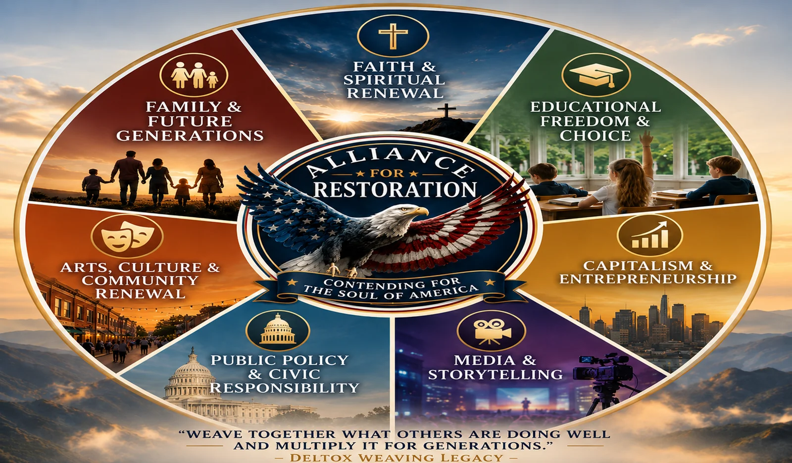 The Seven Foundations wheel: Faith & Spiritual Renewal, Family & Future Generations, Educational Freedom & Choice, Capitalism & Entrepreneurship, Public Policy & Civic Responsibility, Media & Storytelling, and Arts, Culture & Community Renewal